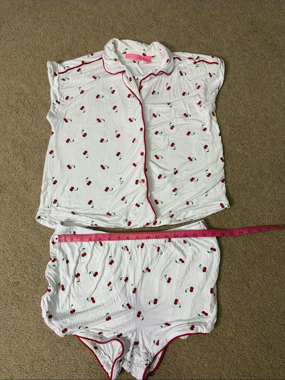 Isaac Mizrahi White Cherry Print Short Pajama Set with Red Trim